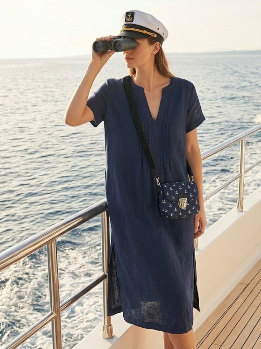 Nautica Jeans Spread Collar V-Neck Side-Slit Caftan Style Loose Fit Dress SZ L